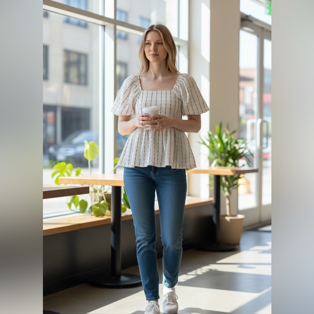 Madewell Cream Peplum Blouse with Black Pinstripes